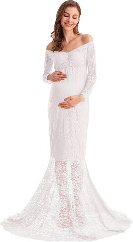 HIHCBF Women Mermaid Maternity Lace Dress V-Neck Off Shoulder Slim Fit Bridesmaid Wedding Baby Shower Photo Shoot Gown in Saudi Arabia