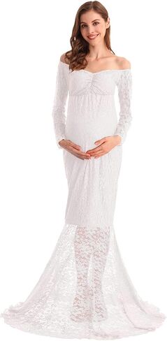HIHCBF Women Mermaid Maternity Lace Dress V-Neck Off Shoulder Slim Fit Bridesmaid Wedding Baby Shower Photo Shoot Gown in Saudi Arabia