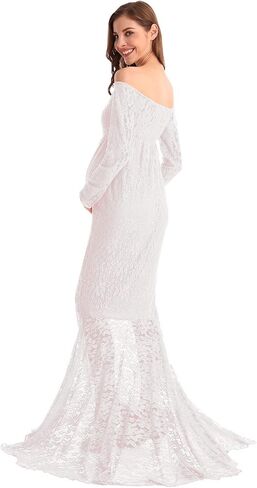 HIHCBF Women Mermaid Maternity Lace Dress V-Neck Off Shoulder Slim Fit Bridesmaid Wedding Baby Shower Photo Shoot Gown in Saudi Arabia