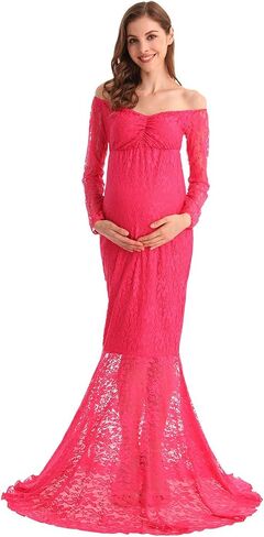HIHCBF Women Mermaid Maternity Lace Dress V-Neck Off Shoulder Slim Fit Bridesmaid Wedding Baby Shower Photo Shoot Gown in Saudi Arabia