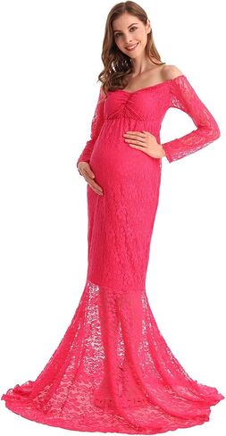 HIHCBF Women Mermaid Maternity Lace Dress V-Neck Off Shoulder Slim Fit Bridesmaid Wedding Baby Shower Photo Shoot Gown in Saudi Arabia