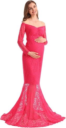 HIHCBF Women Mermaid Maternity Lace Dress V-Neck Off Shoulder Slim Fit Bridesmaid Wedding Baby Shower Photo Shoot Gown in Saudi Arabia
