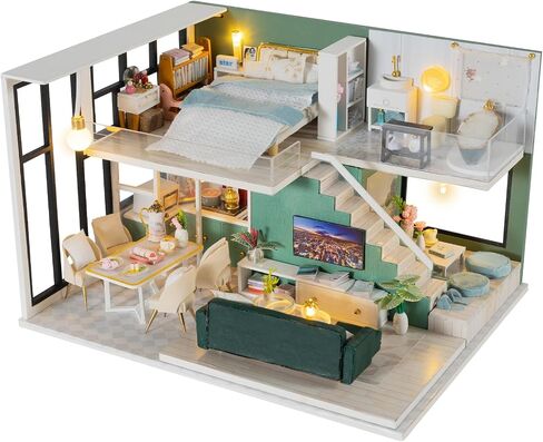 JAS WENAS DIY Dollhouse - Miniature Wooden Furniture Kit with Dust Proof, 1:24 Scale Mini Handmade Dollhouse Toys, Tiny House kit with Furniture for Valentine's Day Gift Idea for Boys Girls Gift in Saudi Arabia