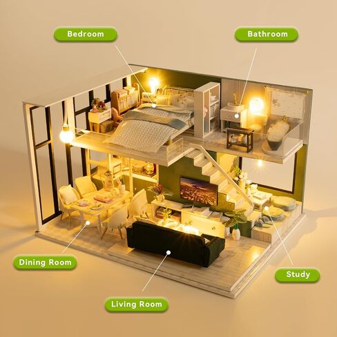 JAS WENAS DIY Dollhouse - Miniature Wooden Furniture Kit with Dust Proof, 1:24 Scale Mini Handmade Dollhouse Toys, Tiny House kit with Furniture for Valentine's Day Gift Idea for Boys Girls Gift in Saudi Arabia