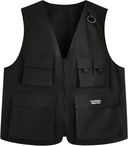 GORGLITTER Men's Letter Graphic Flap Pocket Zip Up Vest Coat Sleeveless V Neck Outerwear in Saudi Arabia