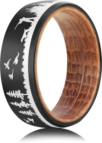 POYA TUNGSTEN Forest Rings for Men 8 mm Black Plated Wedding Band with Wood Liner Comfort Fit in Saudi Arabia