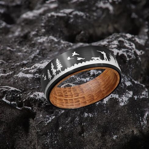 POYA TUNGSTEN Forest Rings for Men 8 mm Black Plated Wedding Band with Wood Liner Comfort Fit in Saudi Arabia