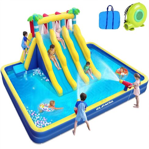 ELEMARA 20.66x16.4FT منزلق مائي قابل للنفخ للأطفال الكبار، حديقة مائية للأطفال في الفناء الخلفي مع مسبح كبير مزدوج الطبقة، 3 شرائح طويلة جدًا، جدار التسلق، 2 مدافع مياه، رش الماء، منفاخ هواء 750 وات in Kuwait
