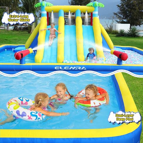 ELEMARA 20.66x16.4FT منزلق مائي قابل للنفخ للأطفال الكبار، حديقة مائية للأطفال في الفناء الخلفي مع مسبح كبير مزدوج الطبقة، 3 شرائح طويلة جدًا، جدار التسلق، 2 مدافع مياه، رش الماء، منفاخ هواء 750 وات in Kuwait