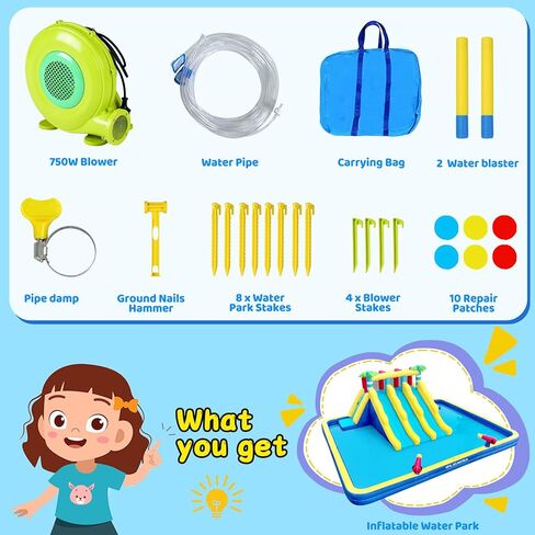 ELEMARA 20.66x16.4FT منزلق مائي قابل للنفخ للأطفال الكبار، حديقة مائية للأطفال في الفناء الخلفي مع مسبح كبير مزدوج الطبقة، 3 شرائح طويلة جدًا، جدار التسلق، 2 مدافع مياه، رش الماء، منفاخ هواء 750 وات in Kuwait