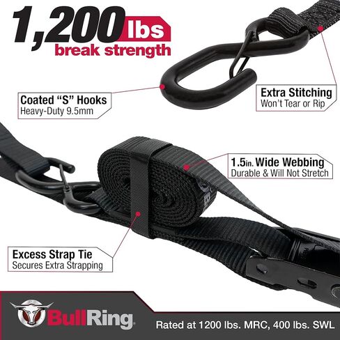 ربطات عنق بقفل كام على شكل حلقة الثور مع خطافات S (2PK) - تتضمن (2) أشرطة شديدة التحمل مقاس 1 × 8 بوصات قوة كسر 1200 رطل لـ UTV والدراجات النارية وATV والمقطورات والسيارات والشاحنات in Kuwait