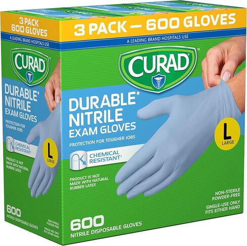 CURAD Nitrile Exam Gloves, Durable, Powder Free, Chemical Resistant, Large, 600 Count, Color May Vary in Saudi Arabia
