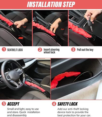 AOCISKA High-Strength Steering Wheel Lock,Car Steering Wheel Lock Seat Belt Lock with 2 Keys,Car Wheel Lock Set,Car Anti-Theft Device Car Theft Prevention (Red) in Saudi Arabia