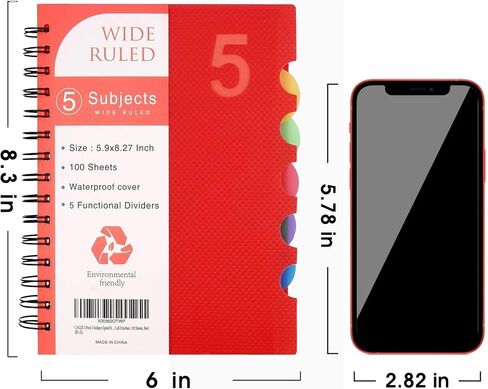 دفاتر ملاحظات CAGIE 2 Pakc 5 للعمل مع علامات تبويب واسعة مقاس A5 دفاتر ملاحظات مدرسية حلزونية، 100 ورقة، أحمر in Saudi Arabia