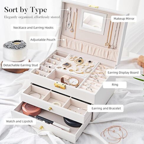 صندوق مجوهرات أبيض من Cheri Bliss مع مرآة، منظم حامل مجوهرات من 3 طبقات، لتخزين المجوهرات بدرجين، علبة كبيرة لصناديق المجوهرات للنساء والفتيات (أبيض) in Kuwait