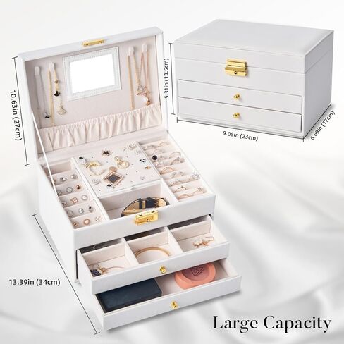 صندوق مجوهرات أبيض من Cheri Bliss مع مرآة، منظم حامل مجوهرات من 3 طبقات، لتخزين المجوهرات بدرجين، علبة كبيرة لصناديق المجوهرات للنساء والفتيات (أبيض) in Kuwait