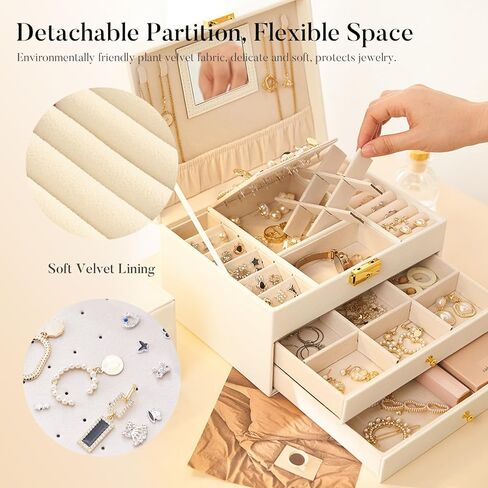 صندوق مجوهرات أبيض من Cheri Bliss مع مرآة، منظم حامل مجوهرات من 3 طبقات، لتخزين المجوهرات بدرجين، علبة كبيرة لصناديق المجوهرات للنساء والفتيات (أبيض) in Kuwait