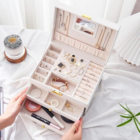 صندوق مجوهرات أبيض من Cheri Bliss مع مرآة، منظم حامل مجوهرات من 3 طبقات، لتخزين المجوهرات بدرجين، علبة كبيرة لصناديق المجوهرات للنساء والفتيات (أبيض) in Kuwait
