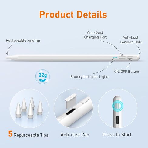 Stylus Pen for iPad, 10Mins Fast Charging Apple iPad Pencil, Palm Rejection & Anti Lost Lanyard, Magnetic ipad Pen Work for iPad 6/7/8/9/10, iPad Air 3rd/4th/5th, iPad Mini 5/6th, iPad Pro 11"/12.9" in Saudi Arabia