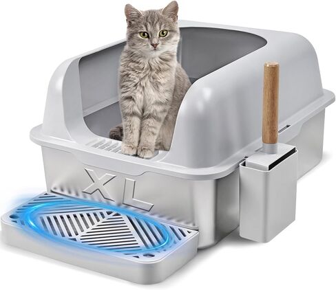 MIRAFIT Cat Litter Box Stainless Steel XL with High Sides Enclosure Lid, Extra Large Covered Metal Kitty Litter Box with Litter Pan, Anti-Leakage & Odorless, Easy Cleaning, Litter Scoop Included in Saudi Arabia