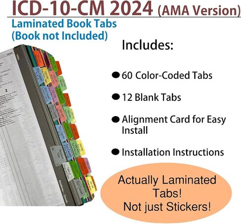 علامات تبويب الكتب لـ ICD-10-CM 2024، كتاب الرموز الرسمي الكامل مع الإرشادات (إصدار AMA/Optum Physicians). مغلفة ومرمزة بالألوان وقابلة لإعادة تعيين وضعها مع بطاقة محاذاة لسهولة الاستخدام. in Kuwait