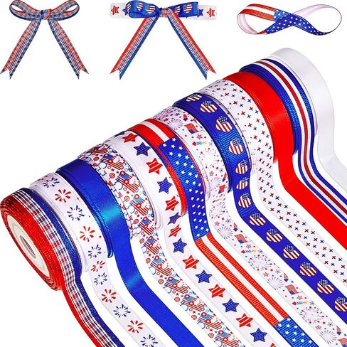 12 Rolls 60 Yards 4th of July Ribbons Red White Blue Grosgrain Ribbon Patriotic Stain Ribbons for DIY Wrapping Craft Decoration Hair Bow Wreath, 12 Styles in Saudi Arabia