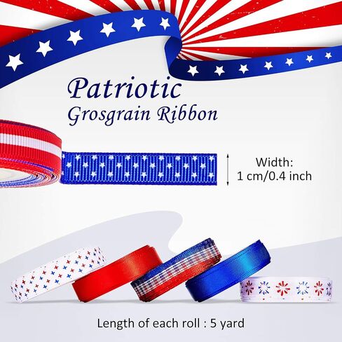 12 Rolls 60 Yards 4th of July Ribbons Red White Blue Grosgrain Ribbon Patriotic Stain Ribbons for DIY Wrapping Craft Decoration Hair Bow Wreath, 12 Styles in Saudi Arabia