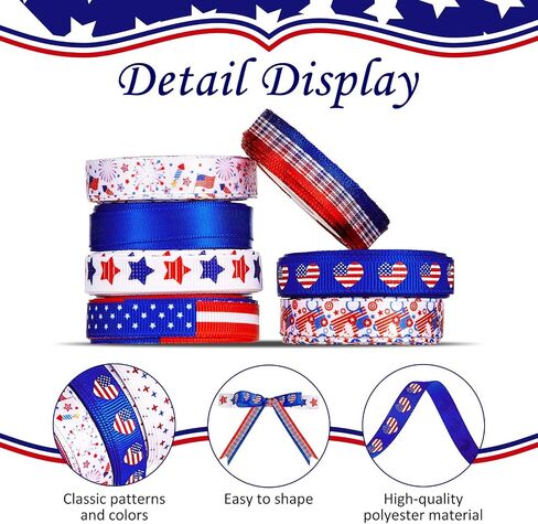 12 Rolls 60 Yards 4th of July Ribbons Red White Blue Grosgrain Ribbon Patriotic Stain Ribbons for DIY Wrapping Craft Decoration Hair Bow Wreath, 12 Styles in Saudi Arabia