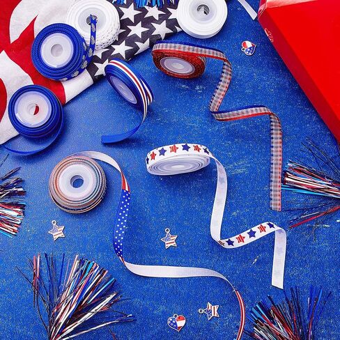 12 Rolls 60 Yards 4th of July Ribbons Red White Blue Grosgrain Ribbon Patriotic Stain Ribbons for DIY Wrapping Craft Decoration Hair Bow Wreath, 12 Styles in Saudi Arabia
