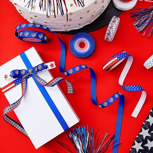 12 Rolls 60 Yards 4th of July Ribbons Red White Blue Grosgrain Ribbon Patriotic Stain Ribbons for DIY Wrapping Craft Decoration Hair Bow Wreath, 12 Styles in Saudi Arabia