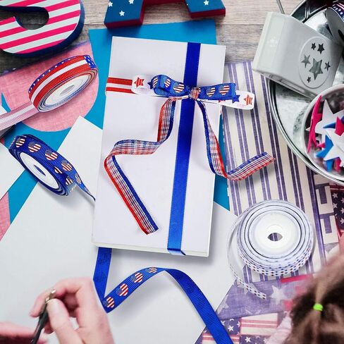 12 Rolls 60 Yards 4th of July Ribbons Red White Blue Grosgrain Ribbon Patriotic Stain Ribbons for DIY Wrapping Craft Decoration Hair Bow Wreath, 12 Styles in Saudi Arabia