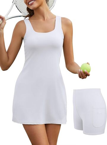 Becotal Womens Tennis Dress with Built in Shorts and Bra Athletic Workout Exercise Golf Dress Scoop Neck Mini Dress 2024 in Saudi Arabia