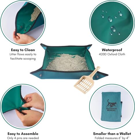 صندوق فضلات القطط للسفر (3 في 1) من OutdoorBengal - صندوق فضلات محمول، قابل للطي، كيس مانع للتسرب مع غطاء، مغرفة صغيرة (مجموعة كاملة للطائرة والسيارة والشاحنة والتخييم والسفر مع القطط) in Kuwait