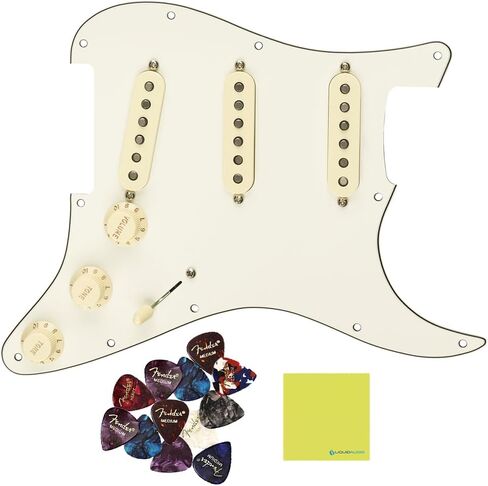 Fender Stratocaster PreWired Strat Pickguard، حزمة رق SSS الأصلية '57/'62 مع 12x من اختيارات جيتار Fender وقطعة قماش سائلة لتلميع الصوت - Pickguard Stratocaster المحملة in Saudi Arabia