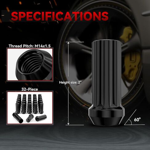 EZISOE 32 Pcs M14x1.5 Lug Nuts, Closed End Duplex XL Spline Lug Nuts for Aftermarket Wheels Wheel Lug Nut,Bonus 1 Spline Tool/Key for Installation and Removal in Saudi Arabia