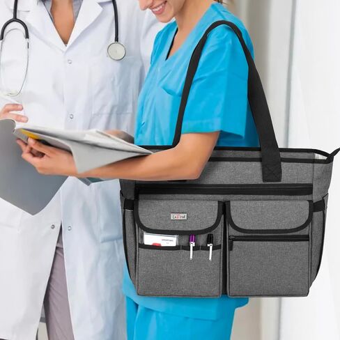 LoDrid Nurse Tote Bag with Bottom Padded Pad, Nurse Bags and Totes for Work, with Separated Storage Laptop Layer (up to 15.6 Inch), Nurse Bag with Large Compartment, Gray, Bag Only in Saudi Arabia