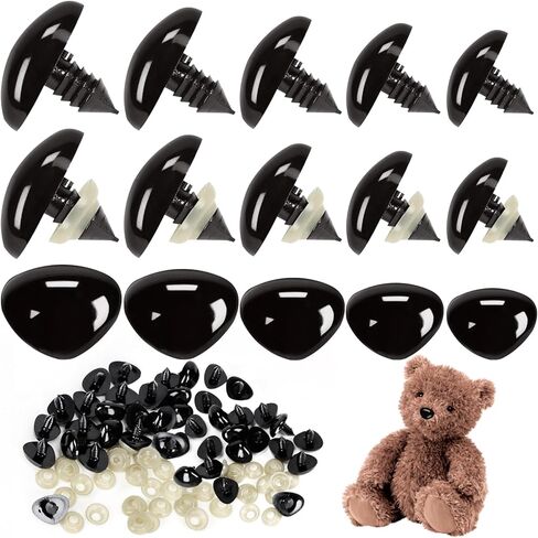 CZWESTC 100 Pcs Plastic Safety Noses for Amigurumi, Safety Noses for Stuffed Animals, Safety Noses for Crochet Toy Noses with Washers 15mm 18mm 21mm 24mm 30mm, for Crafts Dolls DIY(Black) in Kuwait