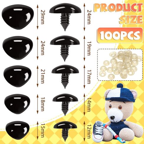 CZWESTC 100 Pcs Plastic Safety Noses for Amigurumi, Safety Noses for Stuffed Animals, Safety Noses for Crochet Toy Noses with Washers 15mm 18mm 21mm 24mm 30mm, for Crafts Dolls DIY(Black) in Kuwait