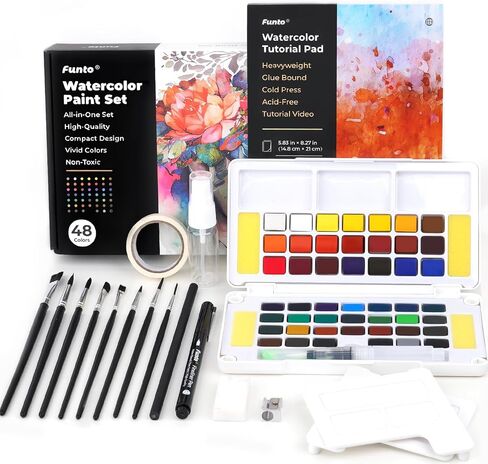 Funto Watercolor Paint Set, 48 Colors, Tutorial Pad, 8 Brushes, Water Brush Pen, Pencil, Fineliner, Eraser, Tape, Pencil Sharpener, Spray Bottle, Painting Set for Adults, Beginners, Professional in Saudi Arabia