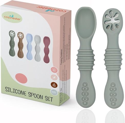 Cozinester Silicone Baby Spoon & Pre-Spoon Self Feeding - First Stage Infant Feeding Spoons - Bendable Baby Utensils for Parent & Self-Feeding, Teething Friendly (Set of 2) (Olive Green) in Saudi Arabia
