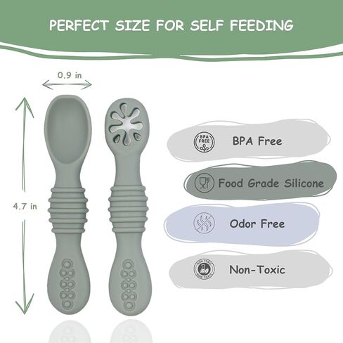 Cozinester Silicone Baby Spoon & Pre-Spoon Self Feeding - First Stage Infant Feeding Spoons - Bendable Baby Utensils for Parent & Self-Feeding, Teething Friendly (Set of 2) (Olive Green) in Saudi Arabia