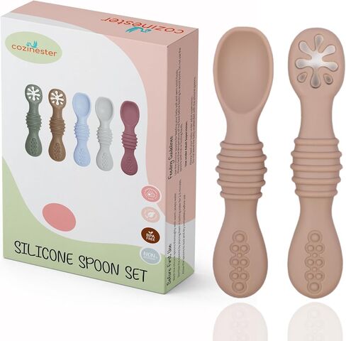 Cozinester Silicone Baby Spoon & Pre-Spoon Self Feeding - First Stage Infant Feeding Spoons - Bendable Baby Utensils for Parent & Self-Feeding, Teething Friendly (Set of 2) (Olive Green) in Saudi Arabia