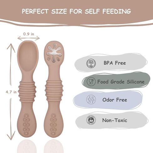 Cozinester Silicone Baby Spoon & Pre-Spoon Self Feeding - First Stage Infant Feeding Spoons - Bendable Baby Utensils for Parent & Self-Feeding, Teething Friendly (Set of 2) (Olive Green) in Saudi Arabia