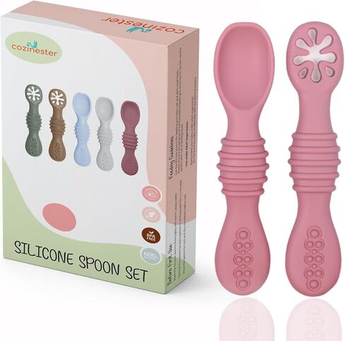 Cozinester Silicone Baby Spoon & Pre-Spoon Self Feeding - First Stage Infant Feeding Spoons - Bendable Baby Utensils for Parent & Self-Feeding, Teething Friendly (Set of 2) (Olive Green) in Saudi Arabia
