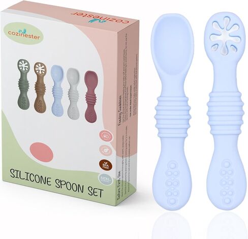 Cozinester Silicone Baby Spoon & Pre-Spoon Self Feeding - First Stage Infant Feeding Spoons - Bendable Baby Utensils for Parent & Self-Feeding, Teething Friendly (Set of 2) (Olive Green) in Saudi Arabia