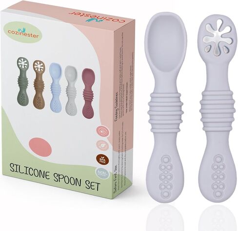 Cozinester Silicone Baby Spoon & Pre-Spoon Self Feeding - First Stage Infant Feeding Spoons - Bendable Baby Utensils for Parent & Self-Feeding, Teething Friendly (Set of 2) (Olive Green) in Saudi Arabia