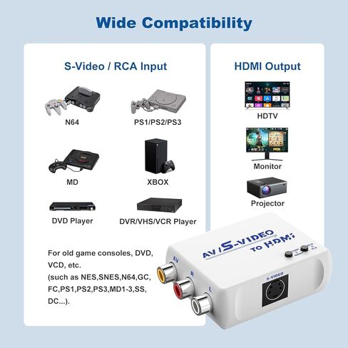 محول HTDYOO RCA Svideo إلى HDMI، يدعم 4: 3/16: 9 نسبة عرض إلى ارتفاع، 720P/480P، محول S-Video AV إلى HDMI متوافق مع PAL/NTSC للتلفزيون/PC/PS1/PS2/ STB/Xbox/VHS/ جهاز فيديو/دي في دي (أسود) in Kuwait