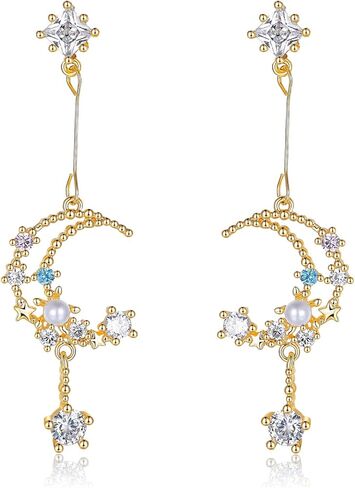 Metzakka Sterling Silver Colorful Crystal Lucky Star Drop Earrings Moon Style Earrings With Pearls for Women Girls (Gold) in Kuwait