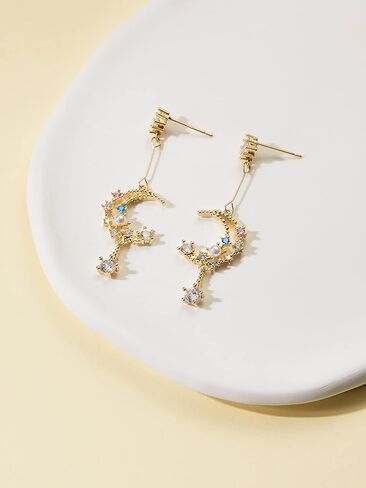 Metzakka Sterling Silver Colorful Crystal Lucky Star Drop Earrings Moon Style Earrings With Pearls for Women Girls (Gold) in Kuwait