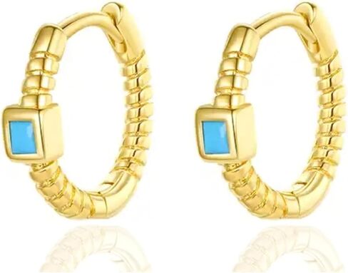 Minimalist Gold Turquoise Hoop Earring 18K Gold Plated over 925 Sterling Silver Earrings with Blue Turquoise Solitaire Stone - Hypoallergenic Earrings for Women - USA HANDMADE in Saudi Arabia